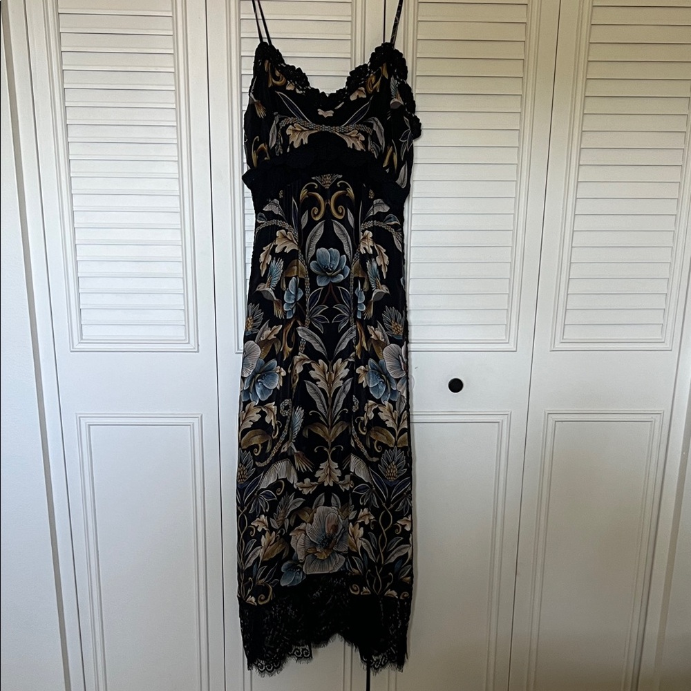 FARM Rio Black Floral Lace-Trim Maxi Dress with Blue and Tan Accents